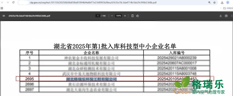 格瑞乐环保跻身湖北省 2025 年第一批科技型中小企业名单